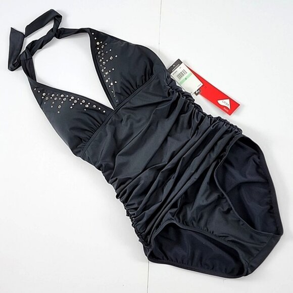 Jantzen Women's Black One Piece Swimsuit Halter Ruched Waist Bejeweled Size 8 - Picture 1 of 15